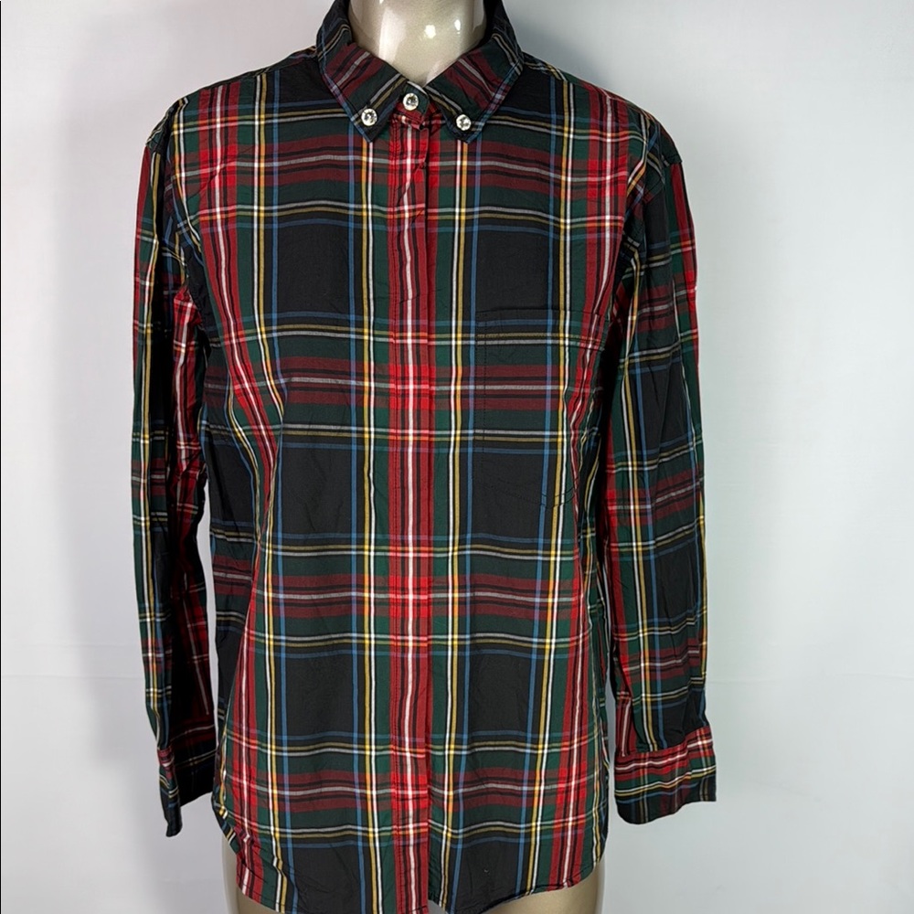 Plaid Button-Up Shirt - Red, Green, Yellow with jeweled buttons